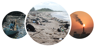 Three circular photos of pollution in a waterway, beach, and factory